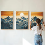 Tinonedraw Metal Mountain Framed Canvas Wall Art, Boho Mountains Artworks, Mid Century Modern Blue Ridge Wall Decor, Vintage Nature Forest Sunset Art Print for Living Room Bedroom Office 24"x36"x3