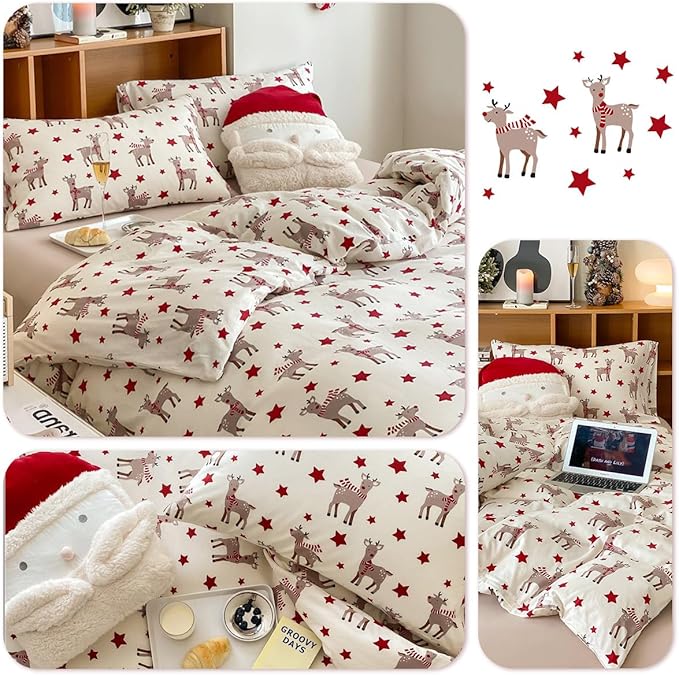 Christmas Comforter Set Queen Size, Christmas Bed Set with Reindeer Stars Red Bedding Set for Holiday, 3 Pieces 1 Super Soft Comforter and 2 Pillowcase