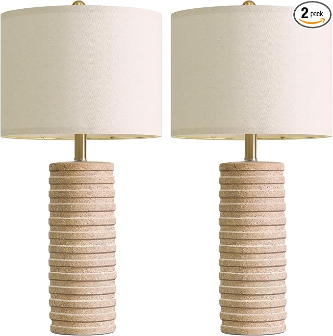 PoKat 27" Stone-Like Farmhouse Ceramic Table Lamps Set of 2 for Bedroom, Boho Nightstands Lamps for Night Stands, Distressed Beige Bedside Lamps with Natural Textured for Living Room, Sand-Colored