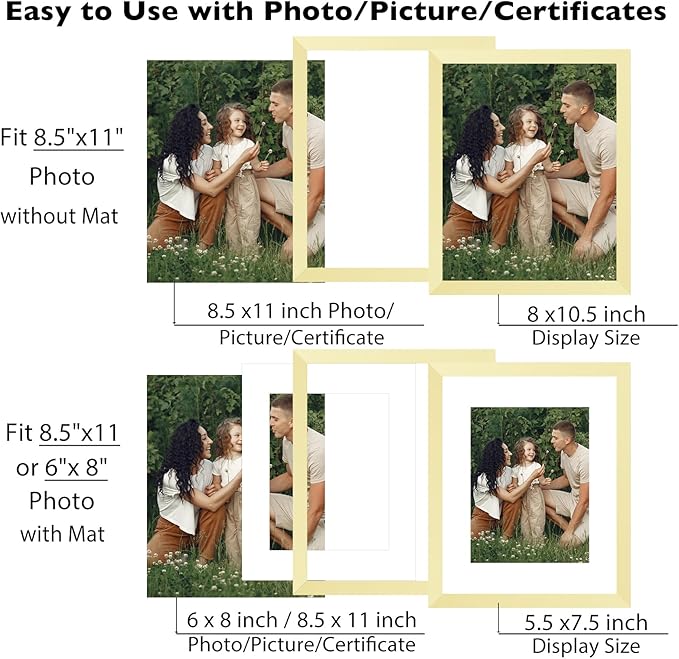 12 Packs 8.5 by 11 Picture Frames, Display 6x8 with Mat or 8.5x11 Without, for Award Certificate Diploma Document, 8.5 x 11 Frames Bulk Set of 12 Photo Frames Set for Wall and Tabletop, Gold