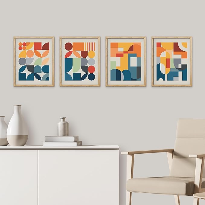 SIGNWIN Framed Mid-Century Modern Colorful Geometric Polygons Wall Art, Set of 4 Abstract Geometric Wall Decor Prints, Nature Wilderness Wall Décor for Living Room, Bedroom - 12"x16" Natural