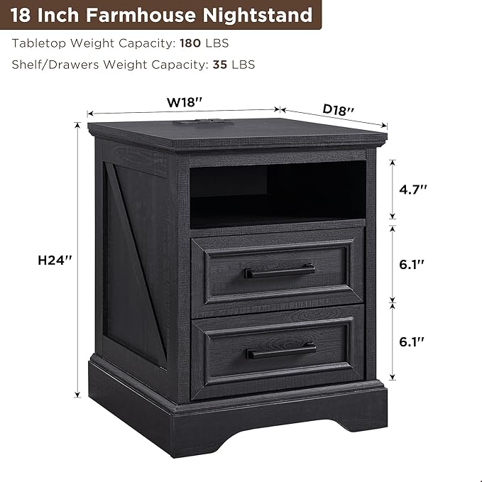 ACCOHOHO 18" Farmhouse Nightstand with Charging Station,End Table with 2 Drawers Storage,Side Table,Bedside Cabinet for Bedroom,Living Room,Black