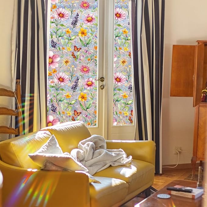 Window Film, Stain Daisy Glass Film Rainbow Flowers Static Window Clings Stickers for Home Office Living Room Bedroom Glass Windows Door Decor