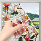 Window Film, Decorative Magnolia Flowers Stained Static Glass Window Clings Stickers for Home Office Living Room Bedroom Glass Windows Door Decor 16.93 x 39.37 Inches