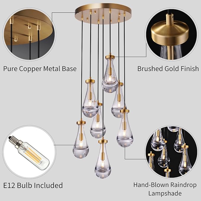 Brass Raindrop 7 Light Dining Room Pendant Light, Large Chandelier Adjustable Hanging Line, Living Room Pendant Light, Foyer Chandelier, Stairwell Pendant Lights, Bedroom
