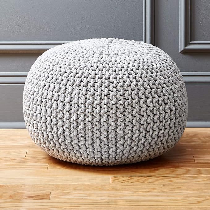 FRELISH DECOR Round Pouf Ottoman Hand Knitted 100% Cotton Pouf Foot Stool - Knitted Bean Bag -Floor Chair for Living Room Bedroom - Foot Rest for Couch (20 Diameter x 14 Height) - Light Grey
