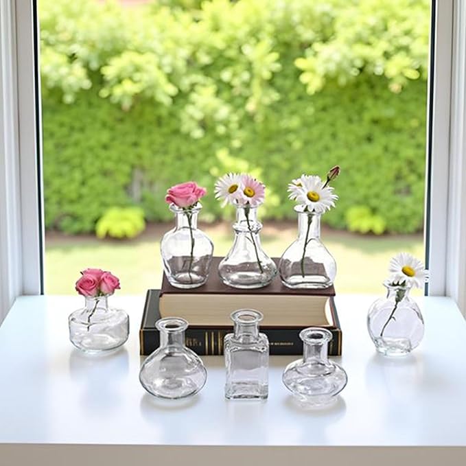 Bud Vases in Bulk Small Glass Clear Vase Set of 8 Different Shape Smooth Surface Vintage Mini Tiny Vases Modern Cute for Flowers Table Wedding Decor Centerpieces Home Party Dining Room