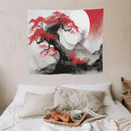 Cherry Blossoms Tapestry,Japanese Red Landscape Asian Watercolor Abstract Art Tapestry,Japanese Wall Tapestry, Nature Landscape Tapestries for Bedroom Living Room Decor 60"x50"