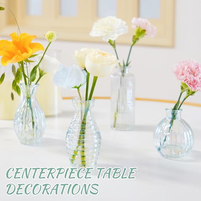 Bud Vases Set of 12, Iridescent Glass Vase for Decor Centerpieces, Small Vases for Flowers, Clear Irised Flower Vase Ribbed Modern Bud Vases in Bulk, Colorful Vases for Wedding Party Table Decoration