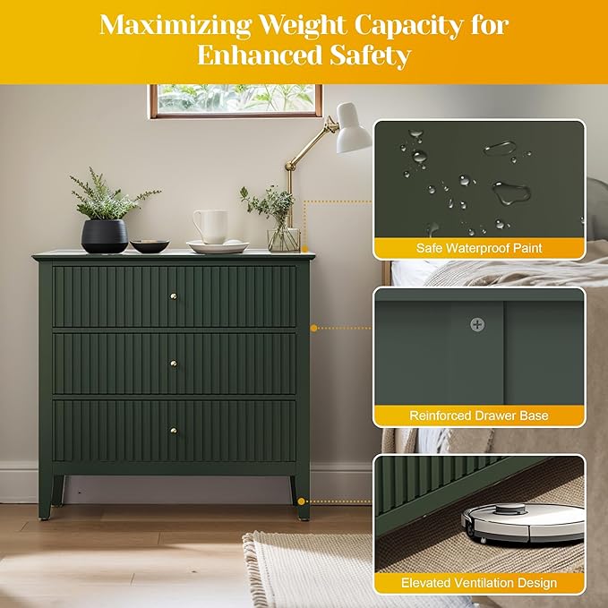 Large Green Fluted 3 Drawer Dresser Set of 2, Chest of Drawers with Ball Bearing Slide Modern 30 inch Tall Wood Nightstand with Spacious Storage for Bedroom Hallway Living Room Entryway