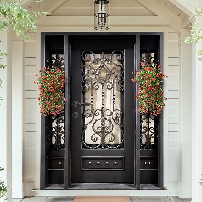 Artificial Hanging Flowers Plants for Outdoor Fall Decoration, 2 PCS Fake Silk Daisy Planter UV Resistant Look Real for Outside Patio Porch Home Autumn Decor (Red Brown)