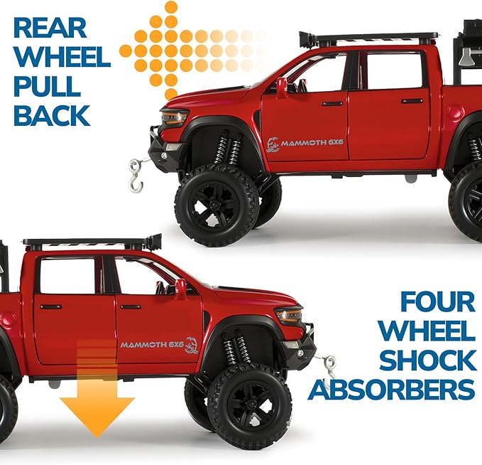 Toy Trucks for Boys 1/32 Diecast Trucks Mammoth Model Truck,Collectible Pickup Truck Model Kit,Pull Back Cars with Lights and Sounds,Toy Trucks for Boys Age 4-7（Red）