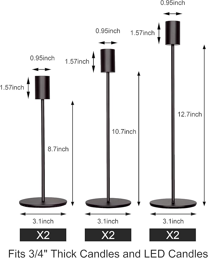 zeochyni Matte Black Candle Holder Set of 6, Elegant Candlestick Holders for Wedding Centerpieces Dining Tables Parties Home Decor Events, Taper Candle Holders Fit 3/4 Inch Candles
