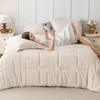 JOLLYVOGUE California King Comforter Set, Ultra-Soft Bed in a Bag Cal King Size 7 Pieces, Oeko-TEX Certified Bedding Set with Down Alternative Comforter, Sheets, Pillowcases & Shams, Beige