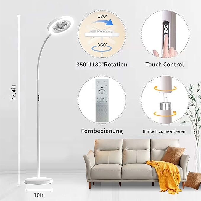 Pedestal Fan for Bedroom, Floor Lamp with Fan RGB 18w/1500lm, 3-Speed Stand Fan Stepless Adjustable 3000K-6000K Color and Dimmer, Remote and Button Control, Adjustable Gooseneck Gloor Lamp