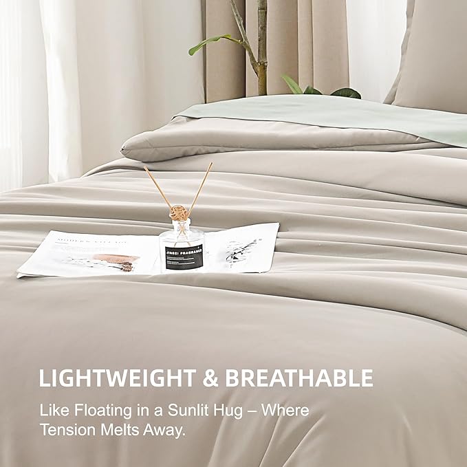 Litanika Comforters Oatmeal Oversized Queen Size, 3 Pieces Lightweight Solid Bedding Comforter Set, All Season Fluffy Bed Set (98x98In Comforter & 2 Pillowcases)