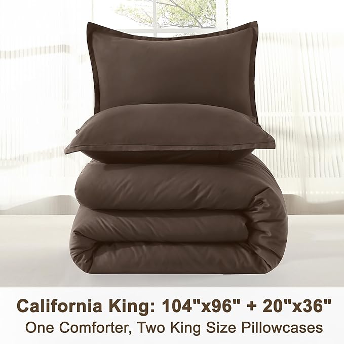 Litanika Comforters California King Size Chocolate, 3 Pieces Lightweight Solid Bedding Set & Collections, All Season Fluffy Bed Set (104x96 Inches Comforter & 2 Pillowcases)