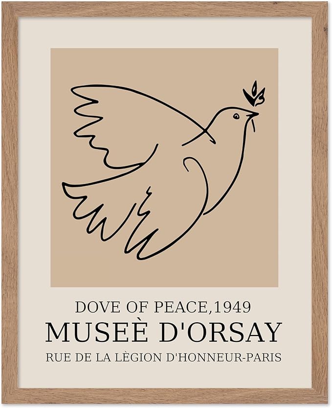 Poster Master Vintage Poster - Retro Minimalist Print - Gift for Artist, Friend - Dove Of Peace, Line Drawing, Sketch, Abstract - Wall Decor for Living Room, Bedroom, 16x20 Beige Framed