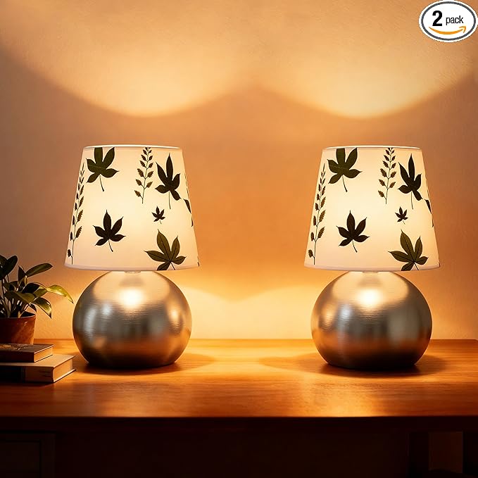 Set of 2 Small Silver Bedside Table Lamp with Maple Leaf Pattern Shade (Bulb Included)