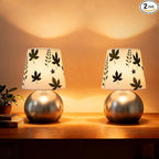 Set of 2 Small Silver Bedside Table Lamp with Maple Leaf Pattern Shade (Bulb Included)