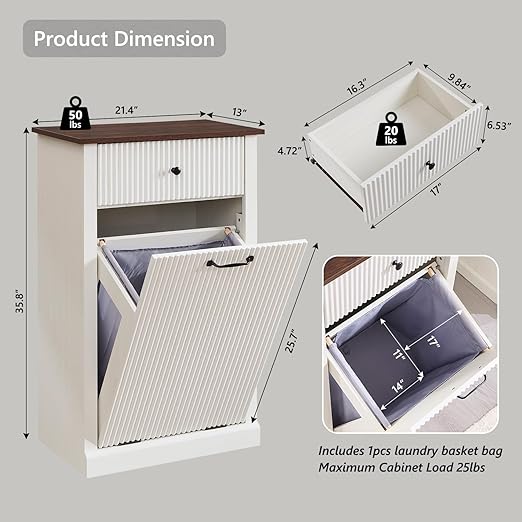 Modern Tilt-Out Trash Can Cabinet, 10 Gallon Fluted Laundry Hamper Cabinet with Drawers, Wooden Hidden Garbage Can Cabinets with Storage Basket, Free Standing for Kitchen and Living Room, White