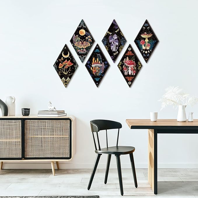 Sintuff 6 Pieces Halloween Gothic Wall Decor Boho Sun Moon Phases Wall Art Gothic Minimalist Stars Sun Hanging Wooden Home Decor Farmhouse Pediments for Gallery Living Bedroom Room(Mushroom)