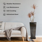 KOL 28''H. Tall Galvanized Steel Glazed Planter with Insert, Set of 2, Planter Pots for Indoor & Outdoor Use, Decorative Flower Plant Pots with Drainage Hole for Front Porch, Patio, Deck - Black