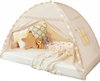 Toddler Canopy Lights & Flags Indoor Floor Bed Kids Tent Playhouse Portable & Foldable Twin Bunk Bed Curtains Girls & Boys House Bedroom Privacy Space Sleeping Tents Gifts Golden Beige Large Size
