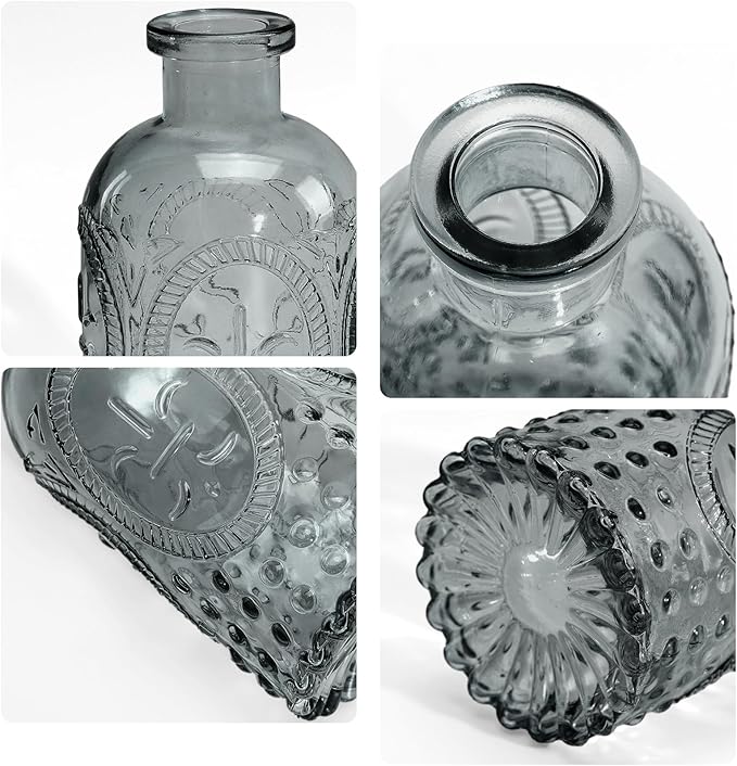 Grey Bud Vases in Bulk 24, Embossed Glass Small Vases for Flowers, Vintage Mini Flower Vase for Centerpieces, Wedding Decoration, Party, Baby Shower, Birthday, Home Decor, Living Room, Office