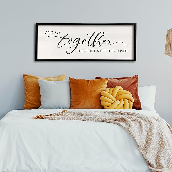 And So Together They Built A Life They Loved Framed Wood Farmhouse Sign - 32'X12' Master Bedroom Above Bed Wall Art for Love Sign Decor (Black)