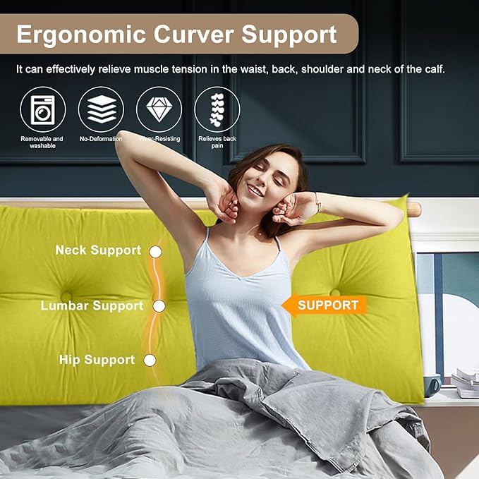 Large Triangular Headboard Pillows Long Backrest Positioning Support Bolster Cushion for Daybed Fluffy Quality Plush Body Wedge Pillow with Removable Cover(Yellow Green-Full-54x8x20in)