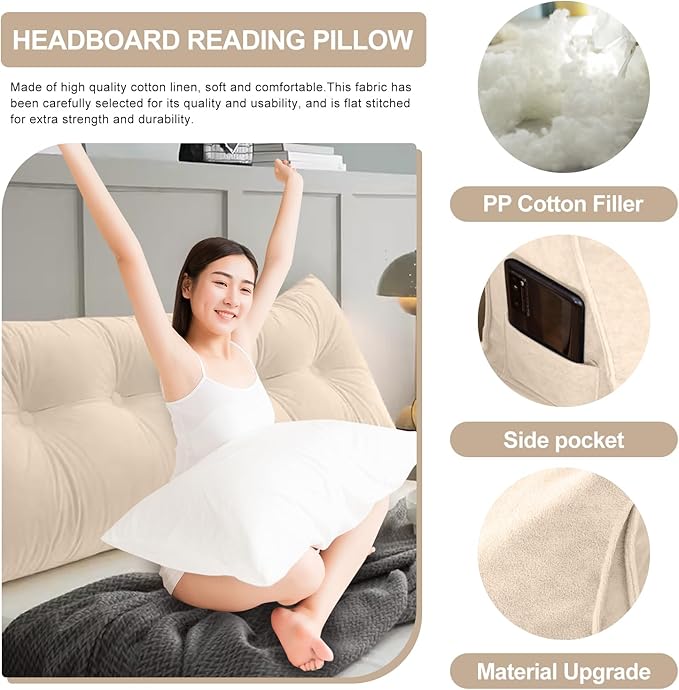 Large Triangular Headboard Pillows Long Backrest Positioning Support Bolster Cushion for Daybed Fluffy Quality Plush Body Wedge Pillow with Removable Cover(Beige-Queen-59x8x20in)