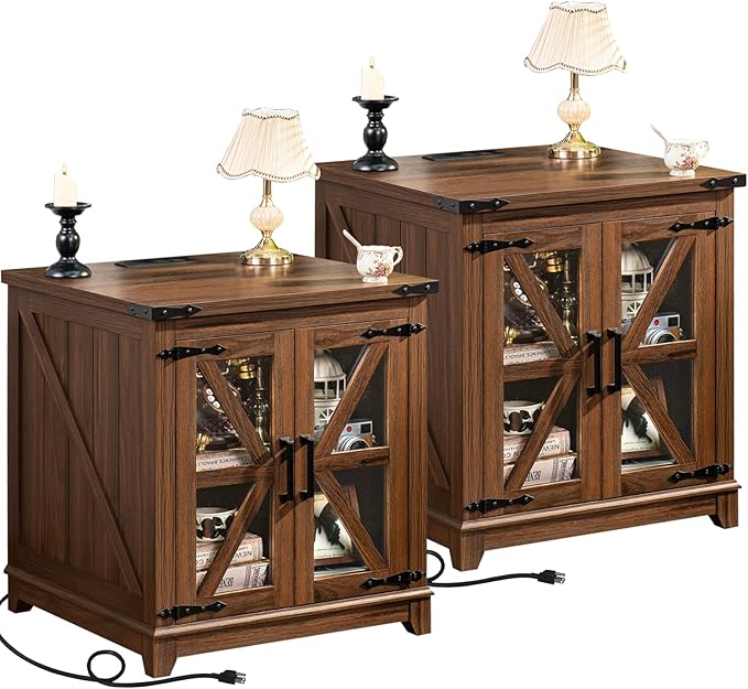 Farmhouse End Table with Charging Station Set 2, 24" Large Sofa Side Table with Glass Barn Door, Nightstand with Adjustable Storage Shelf,Wood Square Bedside Table for Living Room,Bedroom