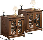 Farmhouse End Table with Charging Station Set 2, 24" Large Sofa Side Table with Glass Barn Door, Nightstand with Adjustable Storage Shelf,Wood Square Bedside Table for Living Room,Bedroom
