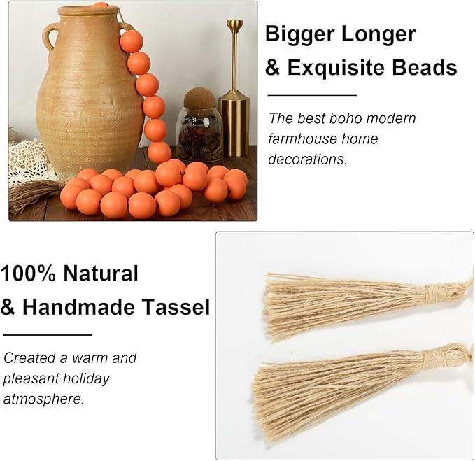 OMISHE 60" Long Extra Large Wood Bead Garland with 1.6" Diameter Wooden Beads and Tassels, Rustic Farmhouse Country Decorative Beads for Home Tiered Tray Decor, Orange