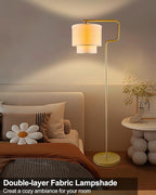 Lightdot 62IN Floor Lamps for Living Room, Modern Standing Tall Lamps with Double Linen Shades, 3000K Arc Bohemian Floor Lamp with Foot Switch for Wedding/Party, Bedroom, Home Office-Gold