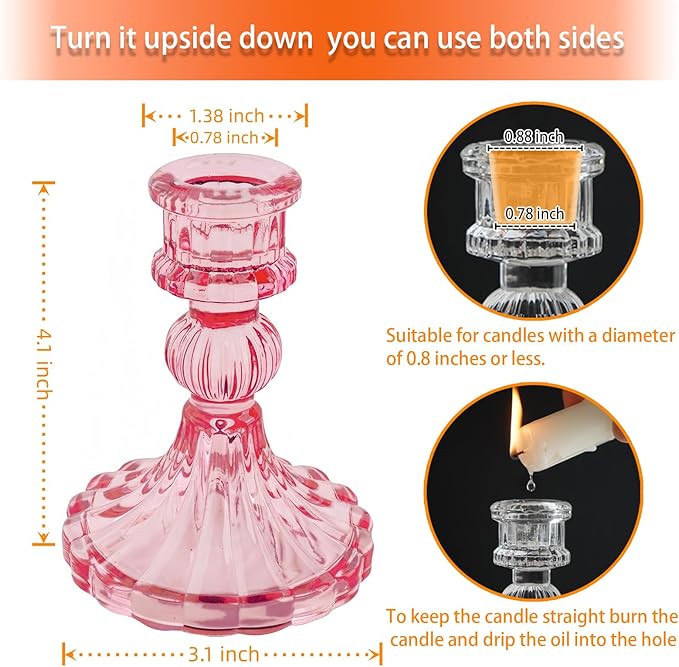 Glass Candlestick Holder,Striped Taper Candle Holders,Set of 6 Candle Stand for Table Centerpieces, Home Decor,Weddings,Festival and Parties (Peach Red Stripe Pattern)