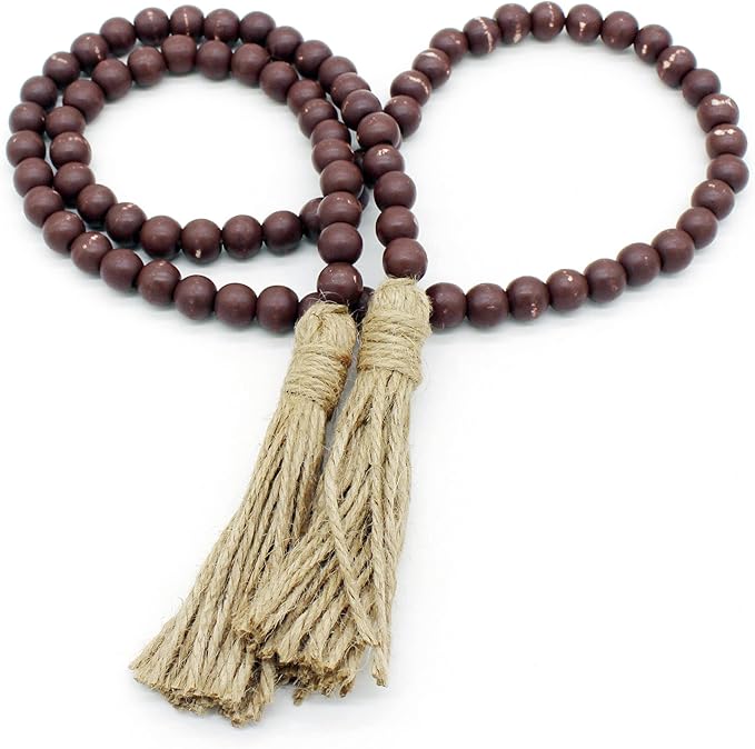 CVHOMEDECO. Wood Beads Garland with Tassels Farmhouse Rustic Wooden Prayer Bead String Wall Hanging Accent for Home Festival Decor. Brown Distressed