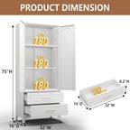 Kitchen Pantry Cabinet, 75" Tall Metal Pantry Cabinet with Two Drawers, Food Cupboards with Doors and Shelves, Freestanding Storage Cabinets for Dining, Living Room, White, Assemble Required