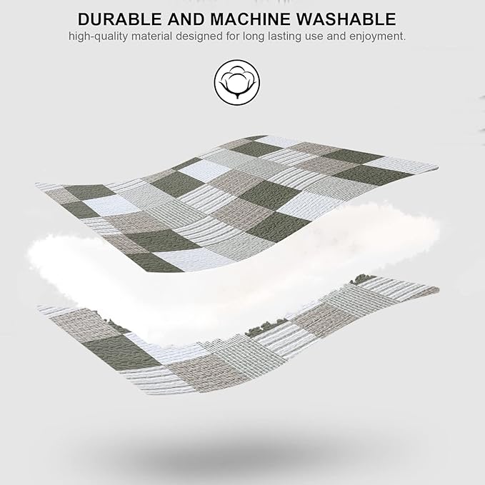 PANGUSHAN 100% Cotton Quilt Set Queen Size, Patchwork Plaid Queen Quilt Bedding Set Bedspreads, Farmhouse Lightweight Comforter Reversible Quilt, Green/Moonbeam Bed Spread for Queen Bed, 3 Pieces