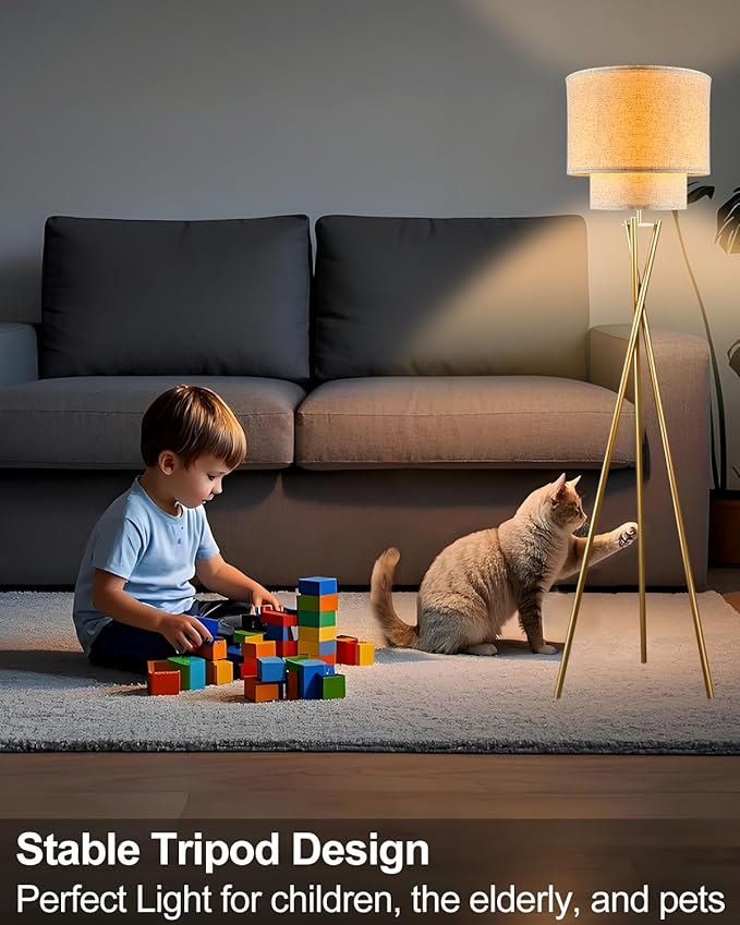 Lightdot Glod Tripod Floor Lamp, Modern Floor Lamps for Living Room, Standing Lamp with Dual Drum, E26 Bulb Included, 67.7" Tall Floor Lamp for Bedroom, Home Office