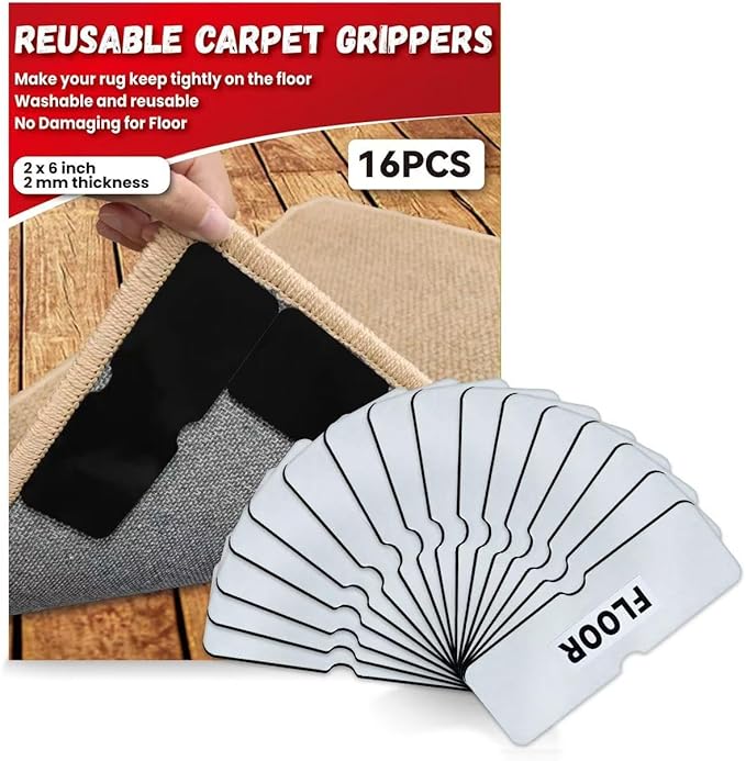 Reusable Carpet Grippers,Non Slip Rug Pads Grippers for Hardwood Floors and Tiles, Washable,Strong Adhesive Grippers for Area Rugs, Keep Corners Flat, Non-Damaging for Floor Mysterious Black(16)