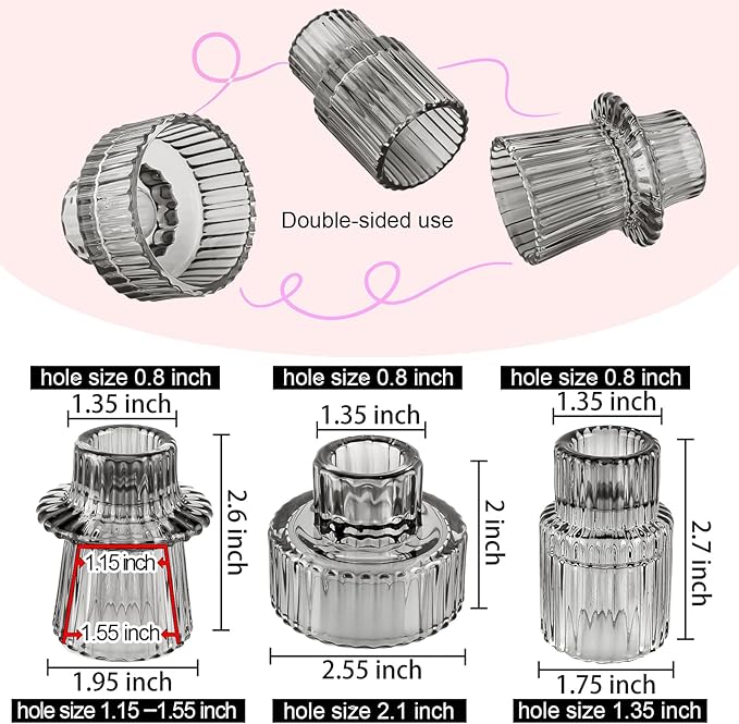 Double Sided Vintage Ribbed Taper Glass Candle Holders,Tea Candle Holder for Table Centerpieces, Wedding Decorations and Dinner Parties (Gray, 3 PCS)