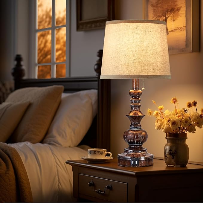 Vintage Bedside Table Lamps Set of 2 for Bedroom Nightstand Lamps with USB Charging Ports Rustic Farmhouse Small Table Lamp for Living Room End Tables Brown Wooden Finish, Pull Chain