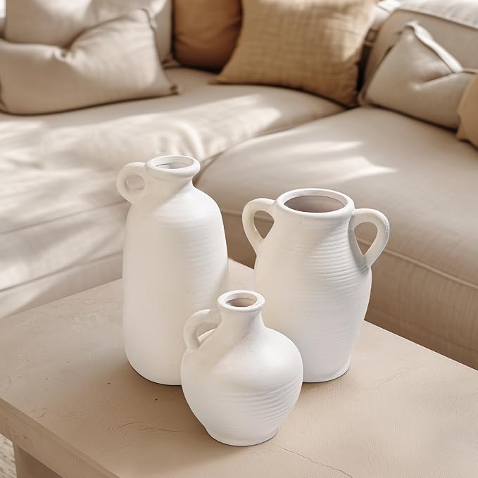 Sunddo White Ceramic Vase for Home Decor, 8 inch Farmhouse Flower Vase with 2 Handles, Rustic Boho Pottery for Room Decor Aesthetic, Bathroom Table Fireplace Decorative