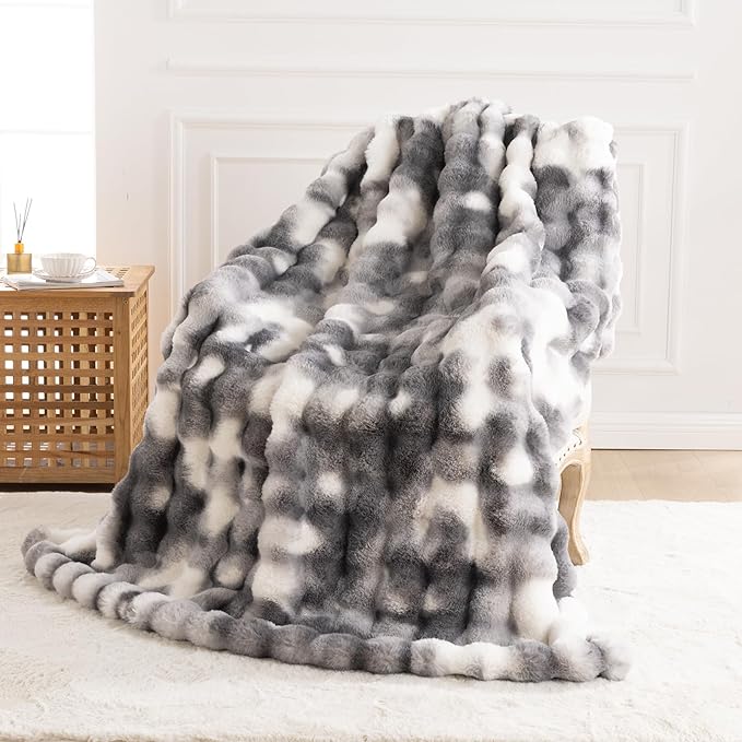 Cozy Faux Fur Throw Blanket for Bed Warm Fuzzy Throw Blanket, Soft Plush Thick Bubble Blankets for Bedroom and Living Room, Furry Luxury Blanket, 60 x 80,Tie-Dye Grey