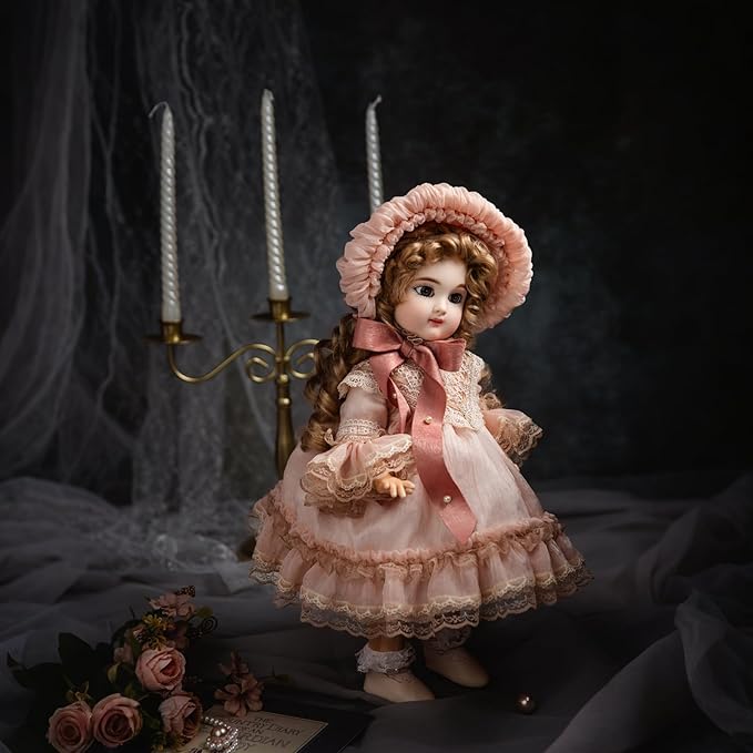 16-Inch BJD Vinyl Bisque Doll, Scale Poseable Vintage Court Doll with Victorian Dress, Collectible Doll with Gift Box for Display, Decoration, Birthday Gift Name Porcelosia (Pink)
