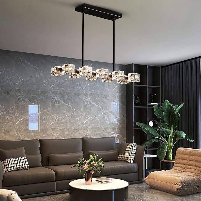 Dining Room Light Fixture,Modern Crystal Chandeleirs Semi Flush Mount Ceiling Light Fixture,Black Metal Crystal Pendant Light for Kitchen Island Farmhouse Dining Room,Living Room (10-Lights)