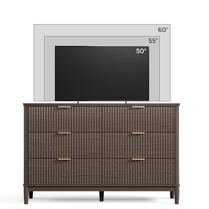 LINSY HOME Fluted Dresser for Bedroom with 6 Drawers, 54" Wide Mid Century Modern Dressers, Tall Boho Chest of Drawer, Large Wood Accent Storage Cabinet for Living Room, Curved Profile Design, Walnut