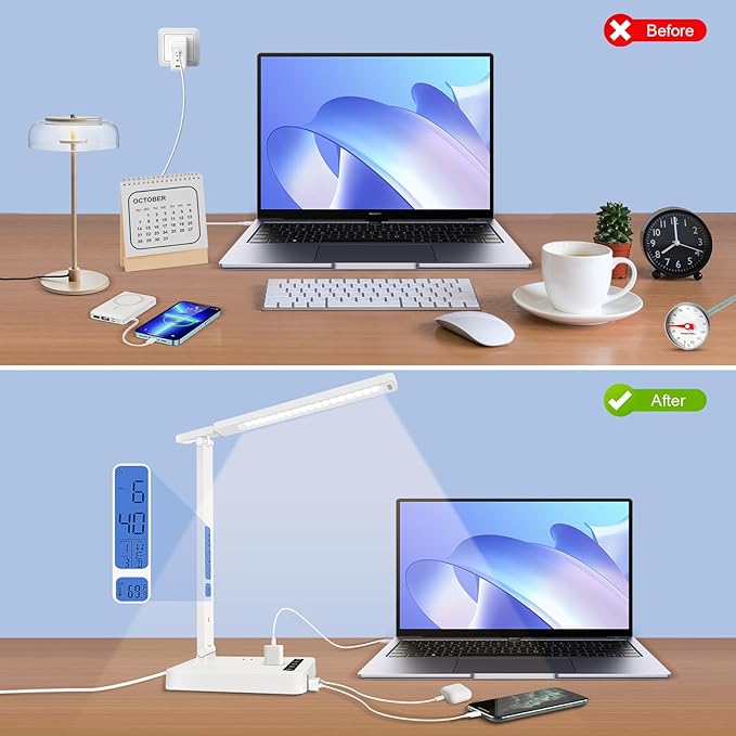 karidi Smart Desk Lamp with Digital Clock, 4-in-1 Charging Station (2 AC Outlets, Type-C, USB-A Ports), Temperature Display, 5 Color & Brightness Settings, Ideal for Offices & Bedrooms